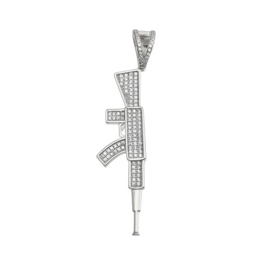 Rhodium Plated 925 Sterling Silver CZ Gun Hip Hop Pendant