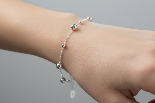 Sterling Silver Rhodium-Plated Sterling Silver 11 Bead Charm Bead Link Chain Bracelet
