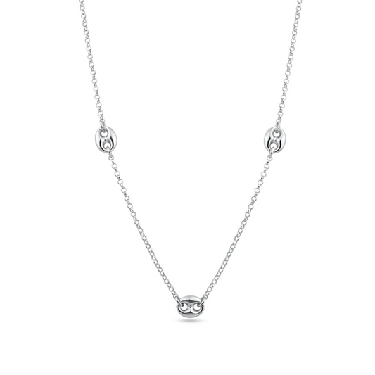 Silver Necklace Rhodium Plated  with 3 Puffed Mariner ,Adjustable chain
