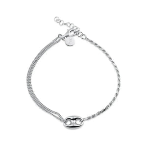 Sterling Silver Rhodium-Plated Puffed Mariner Charm Double Strand Curb and Rope Adjustable Bracelet
