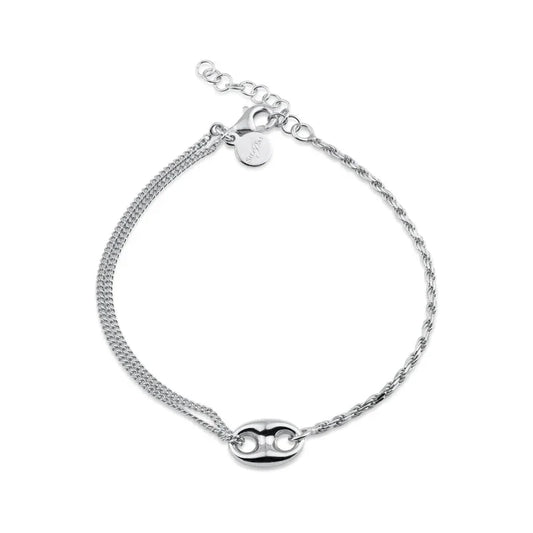 Sterling Silver Rhodium-Plated Puffed Mariner Charm Double Strand Curb and Rope Adjustable Bracelet