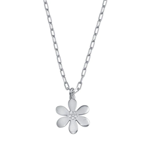 Silver Rhodium-Plated Paperclip Necklace with Flower