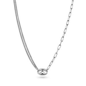 Rhodium Plated 925 Sterling Silver Puffed Mariner Double Strand Curb and Single Paperclip Adjustable Link Necklace