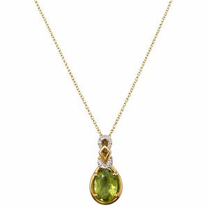 14K Yellow Gold Peridot Halo Drop with Diamond Pendant Necklace