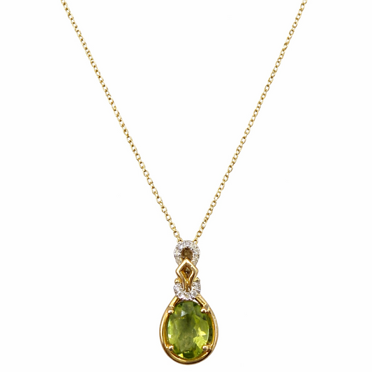 14K Yellow Gold Peridot Halo Drop Pendant with Diamond Accents