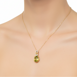 14K Yellow Gold Peridot Halo Drop with Diamond Pendant Necklace