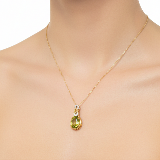 14K Yellow Gold Peridot Halo Drop Pendant with Diamond Accents