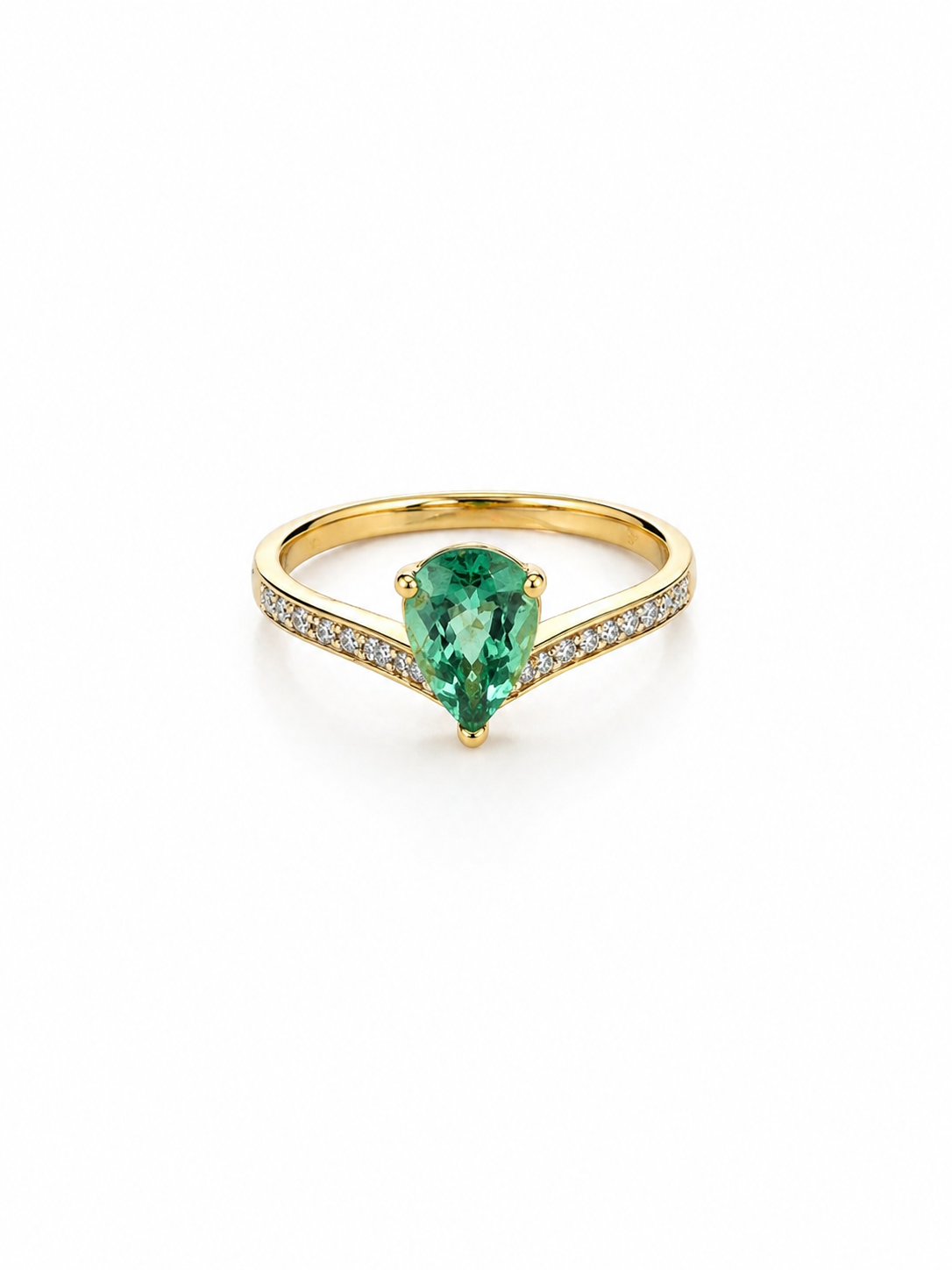 14k Yellow Gold Ring with Pear cut Green Tourmaline and Diamonds