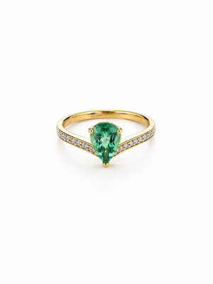 14k Yellow Gold Ring with Pear cut Green Tourmaline and Diamonds