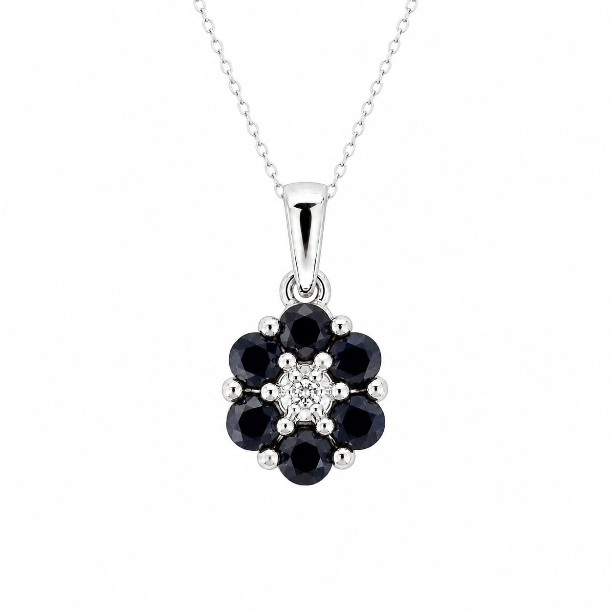 14K White Gold Sapphire & Diamond Flower Pendant
