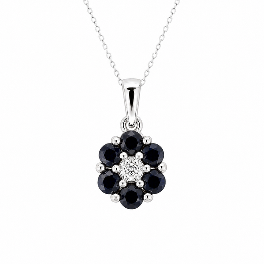14K White Gold Sapphire & Diamond Flower Pendant
