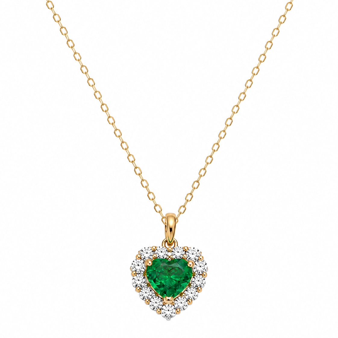 18K Yellow Gold Heart-Cut Emerald & Diamond Halo Pendant Necklace