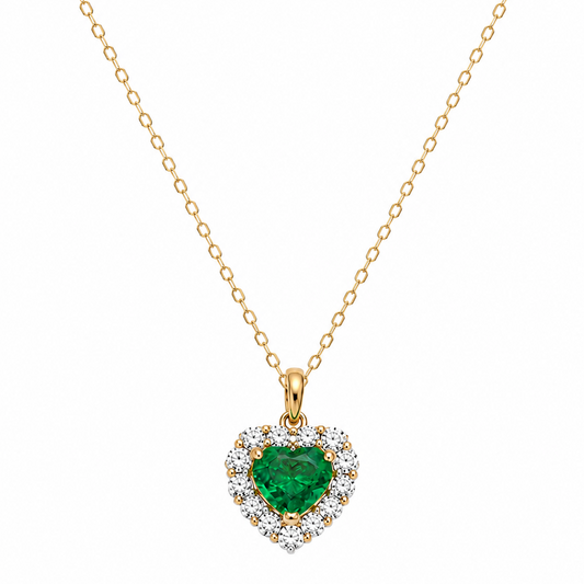 18K Yellow Gold Heart-Cut Emerald & Diamond Halo Pendant Necklace