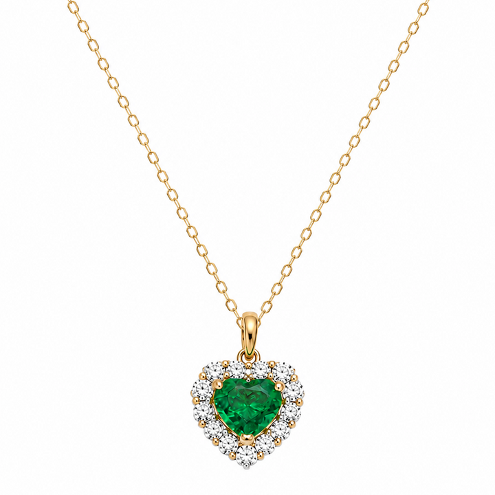 18K Yellow Gold Heart-Cut Emerald & Diamond Halo Pendant Necklace