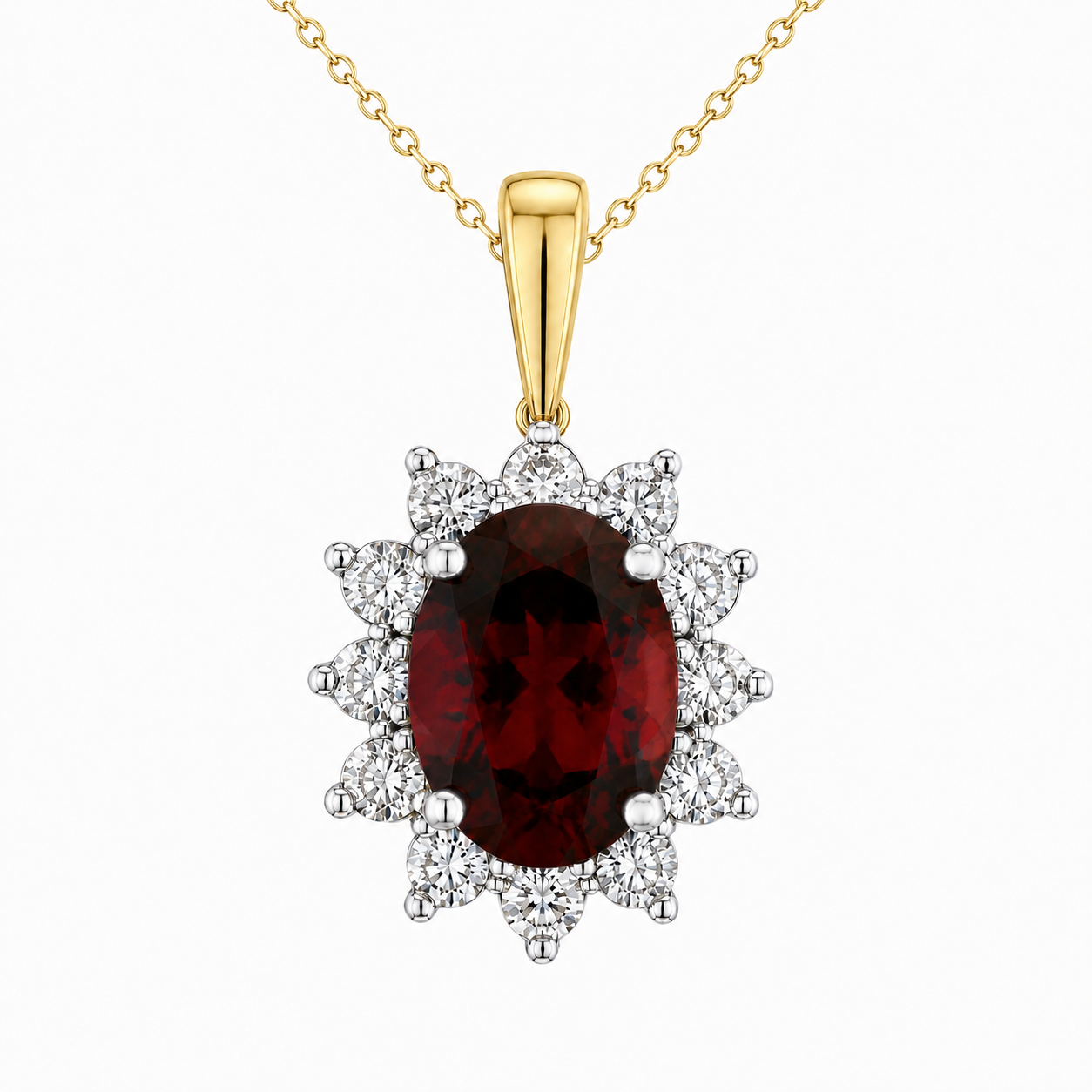10K Two-Tone Gold Oval Garnet & Diamond Halo Pendant