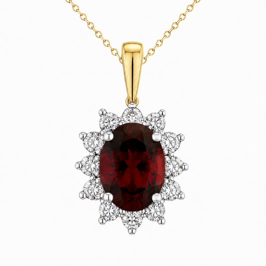 10K Two-Tone Gold Oval Garnet & Diamond Halo Pendant