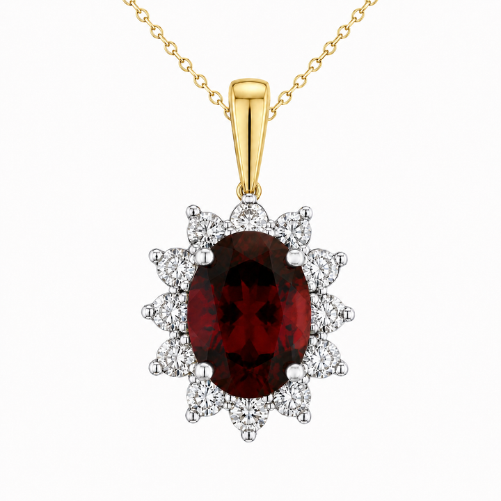 10K Two-Tone Gold Oval Garnet & Diamond Halo Pendant