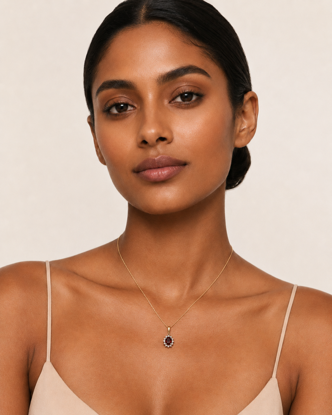10K Two-Tone Gold Oval Garnet & Diamond Halo Pendant