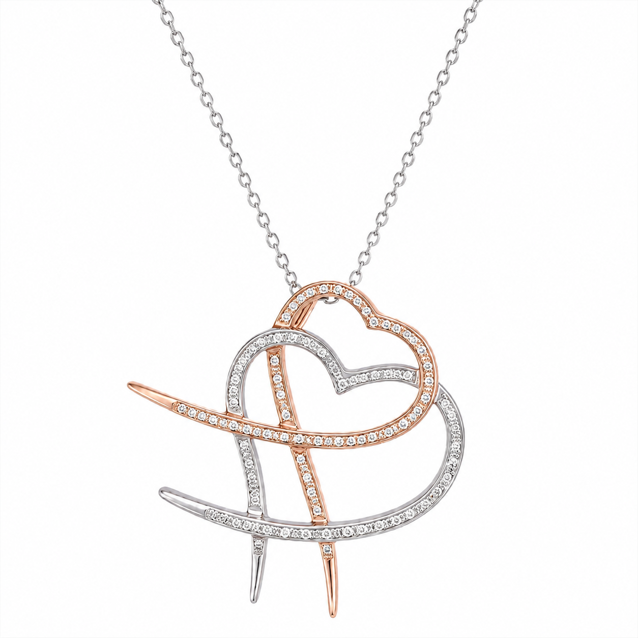 14K Rose & White Gold Diamond Interlocking Hearts Pendant Neckace