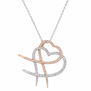 14K Rose & White Gold Diamond Interlocking Hearts Pendant Neckace