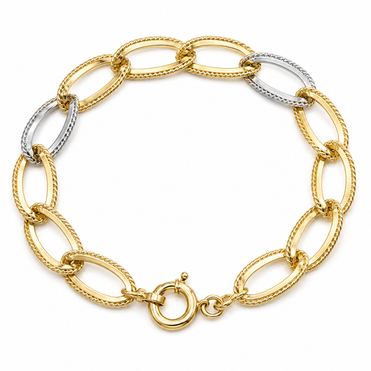 18K Two-Tone Rope-Edge Oval Link Bracelet