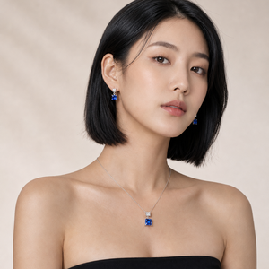 925 Sterling Silver Blue CZ Princess-Cut Pendant & Drop Earrings Set