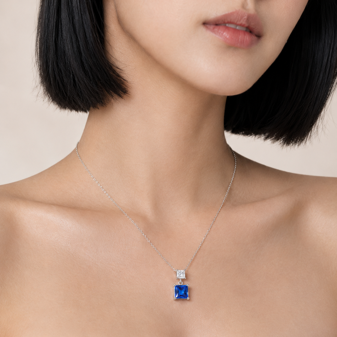 925 Sterling Silver Blue CZ Princess-Cut Pendant & Drop Earrings Set