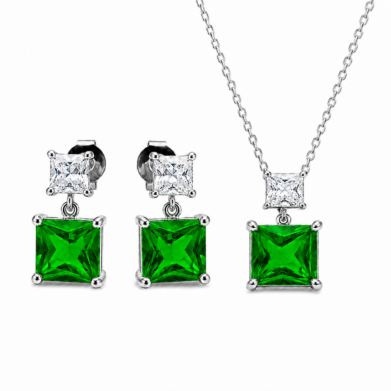 925 Sterling Silver Emerald Green CZ Pendant & Drop Earrings Set