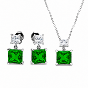 925 Sterling Silver Emerald Green CZ Pendant & Drop Earrings Set