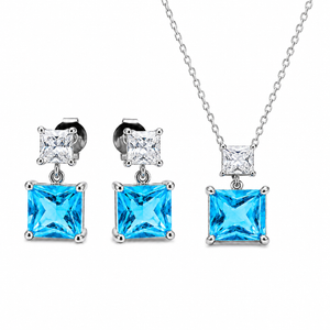 925 Sterling Silver Princess-Cut Light Blue CZ Pendant & Drop Earrings Set