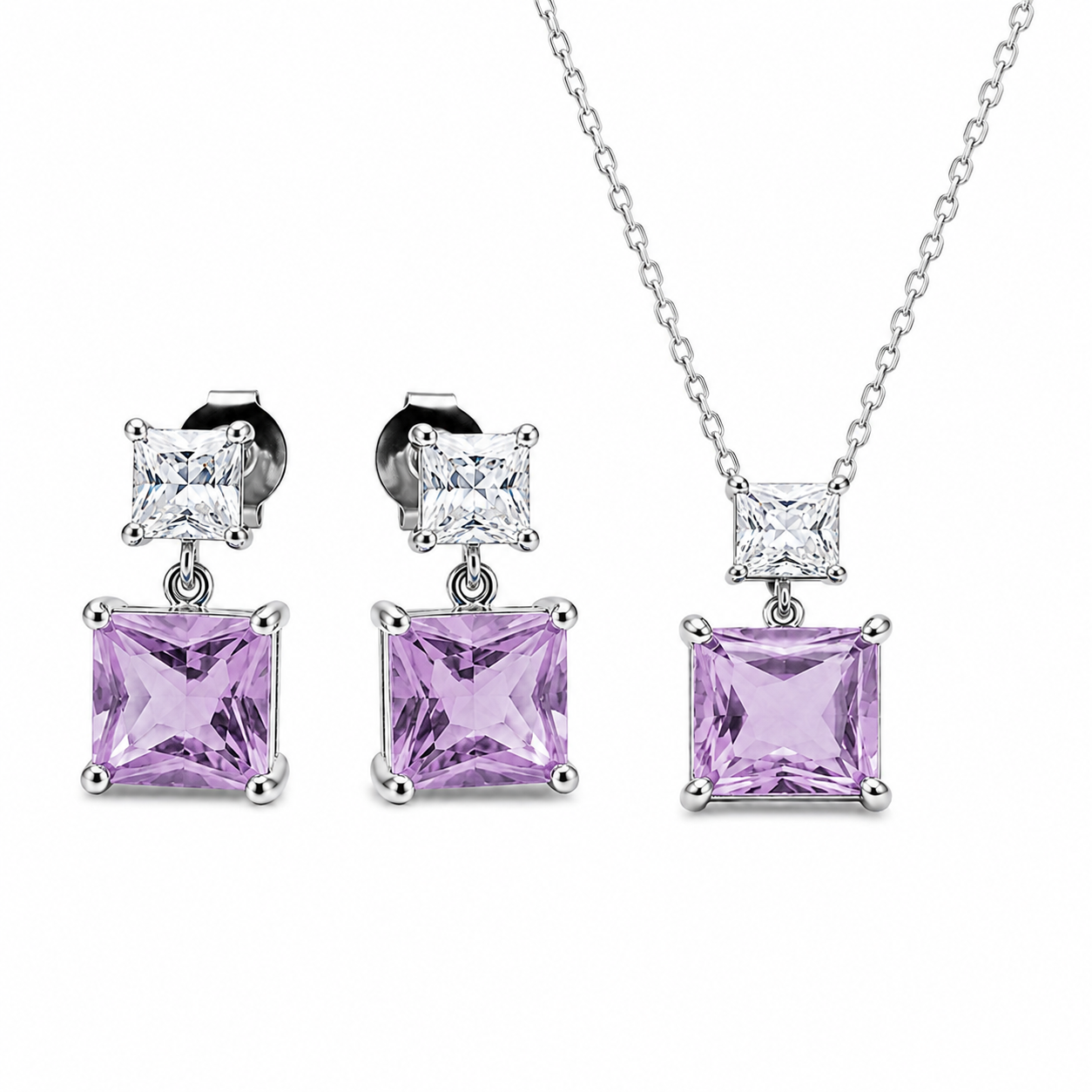 925 Sterling Silver Lavender CZ Princess-Cut Pendant & Earrings Set
