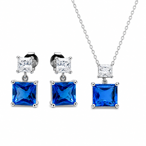 925 Sterling Silver Blue CZ Princess-Cut Pendant & Drop Earrings Set