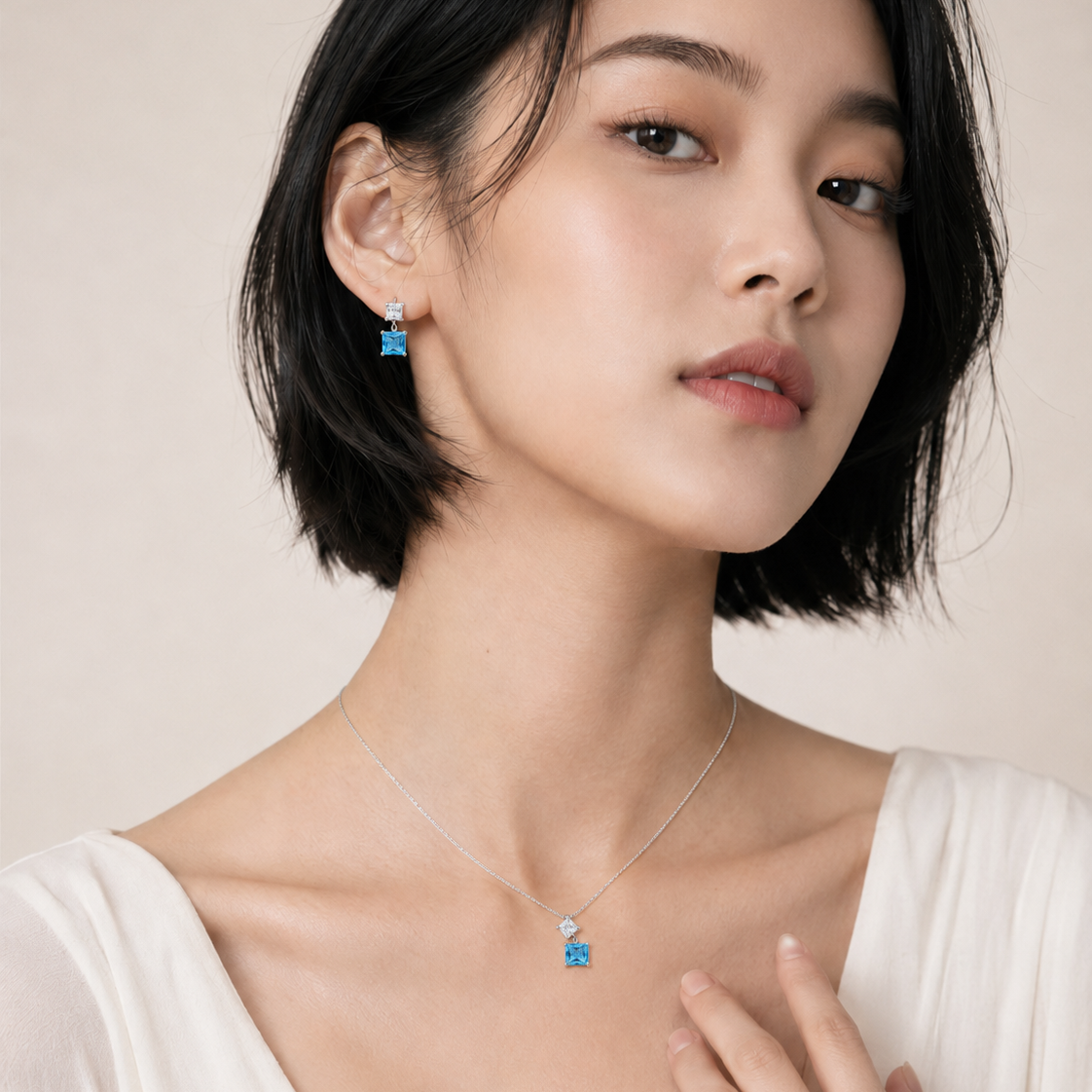 925 Sterling Silver Princess-Cut Light Blue CZ Pendant & Drop Earrings Set