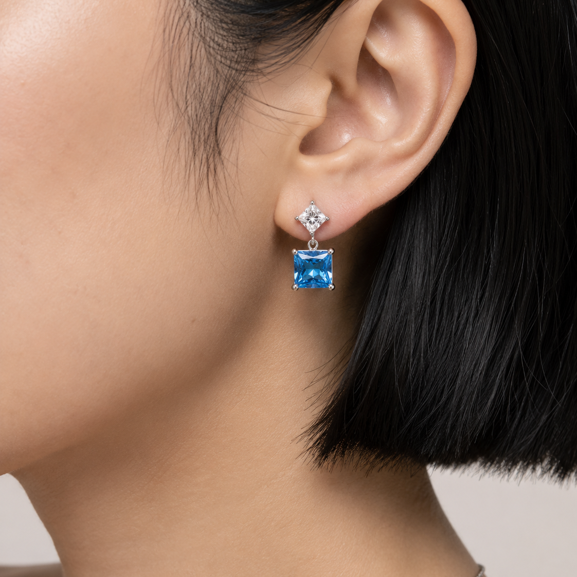 925 Sterling Silver Princess-Cut Light Blue CZ Pendant & Drop Earrings Set