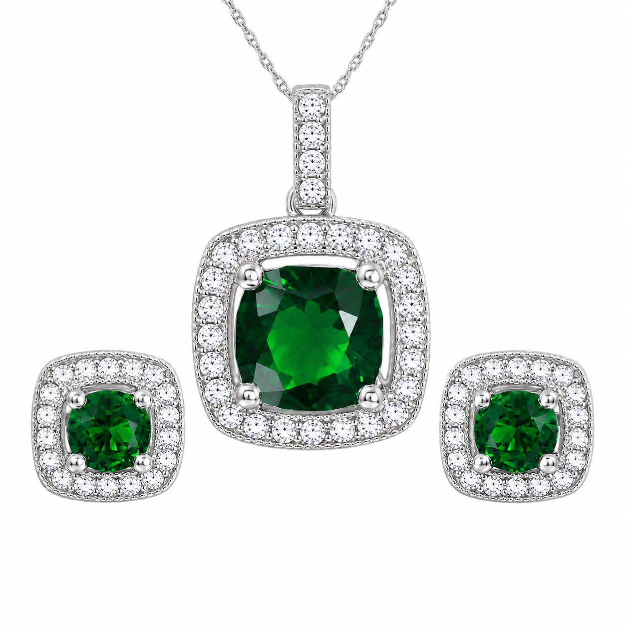 925 Sterling Silver Emerald-Green CZ Cushion Halo Pendant & Stud Set