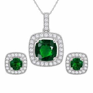 925 Sterling Silver Emerald-Green CZ Cushion Halo Pendant & Stud Set