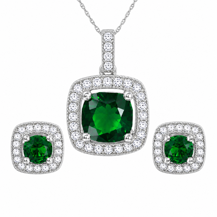 925 Sterling Silver Emerald-Green CZ Cushion Halo Pendant & Stud Set
