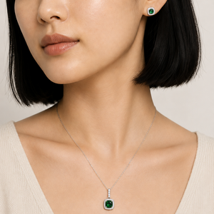 925 Sterling Silver Emerald-Green CZ Cushion Halo Pendant & Stud Set