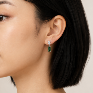925 Sterling Silver Emerald-Cut Green CZ Floral Pendant & Earrings Set