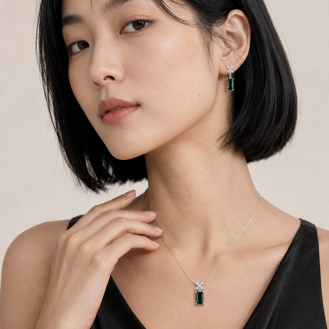 925 Sterling Silver Emerald-Cut Green CZ Floral Pendant & Earrings Set