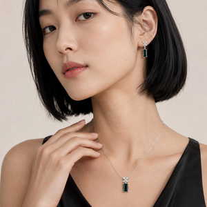 925 Sterling Silver Emerald-Cut Green CZ Floral Pendant & Earrings Set