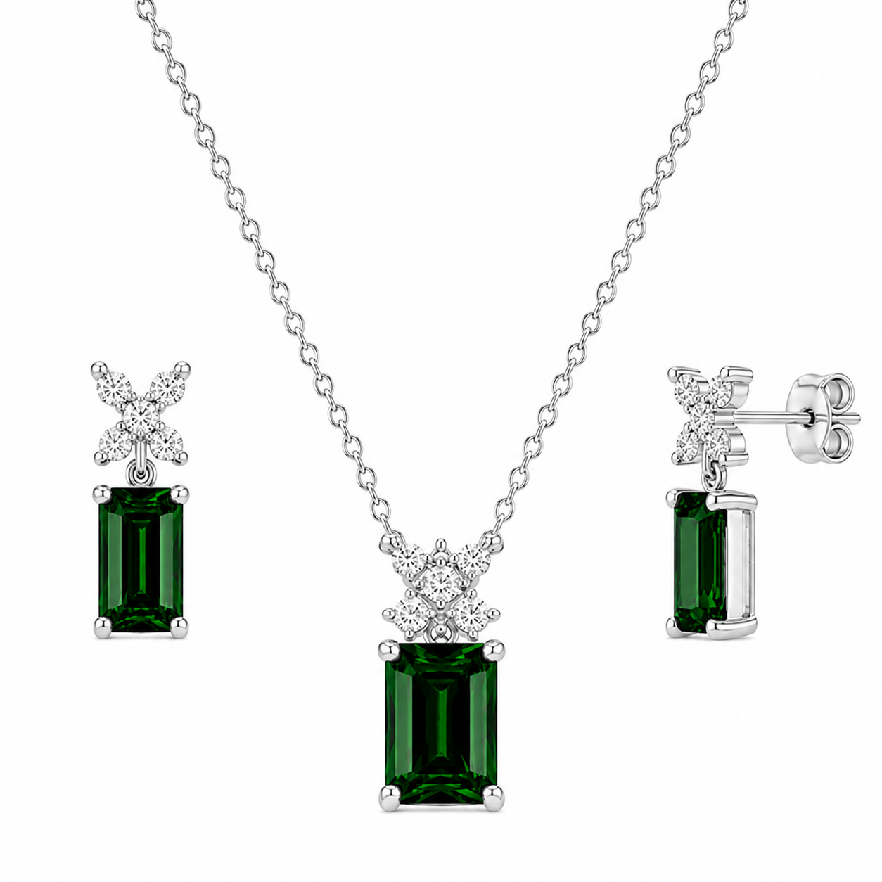 925 Sterling Silver Emerald-Cut Green CZ Floral Pendant & Earrings Set