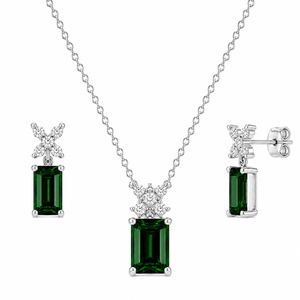925 Sterling Silver Emerald-Cut Green CZ Floral Pendant & Earrings Set