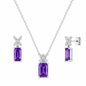 925 Sterling Silver Emerald-Cut Purple CZ Pendant & Earrings Set