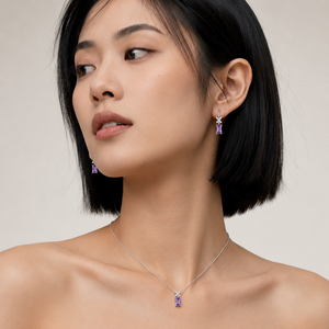 925 Sterling Silver Emerald-Cut Purple CZ Pendant & Earrings Set