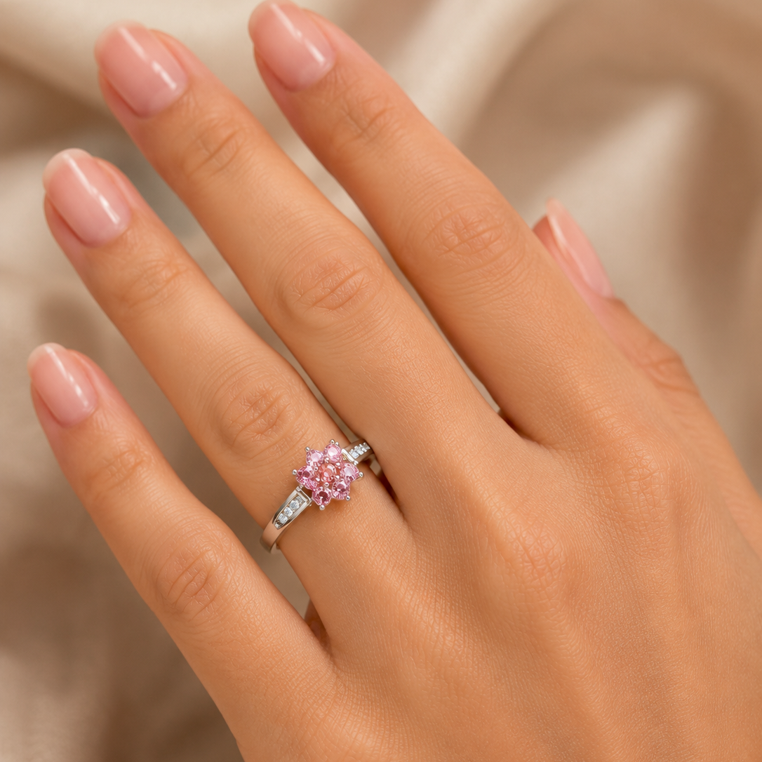 10K White Gold Ring Pink Quartz & Diamond Flower Cluster Ring