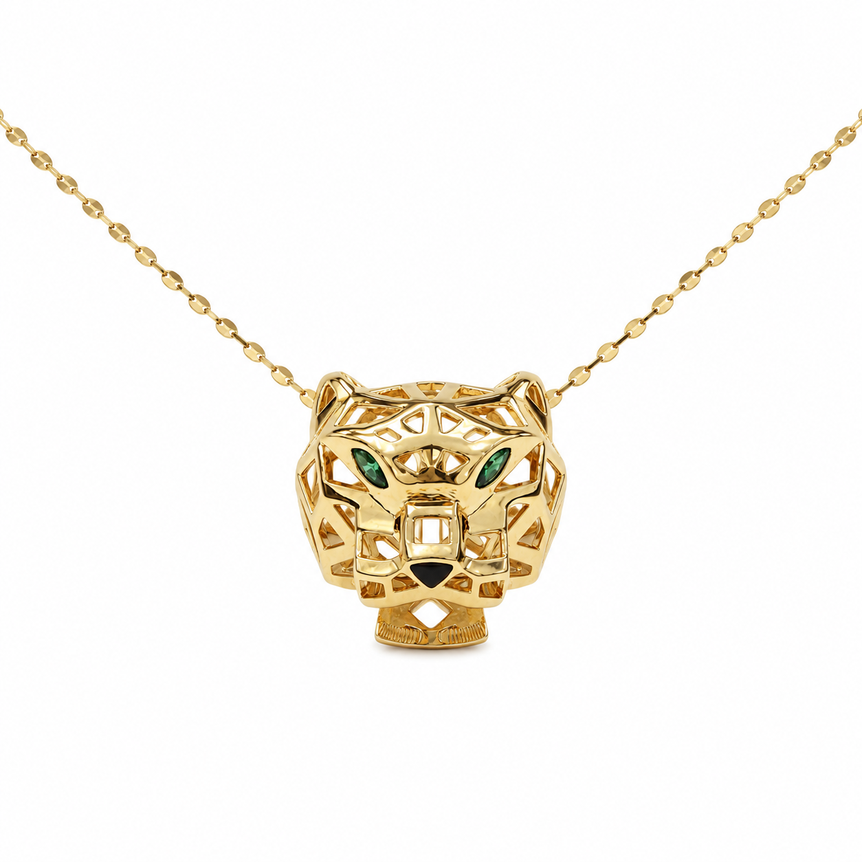 18k Yellow Gold Panther Head Pendant Green Eyes CZ Necklace with Oval Disc Chain