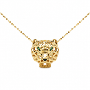 18k Yellow Gold Panther Head Pendant Green Eyes CZ Necklace with Oval Disc Chain