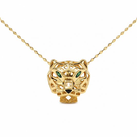 18k Yellow Gold Panther Head Pendant Green Eyes CZ Necklace with Oval Disc Chain