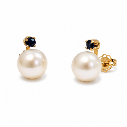 14k Yellow Gold Pearl Drop Stud Earrings with Blue Sapphire Accent